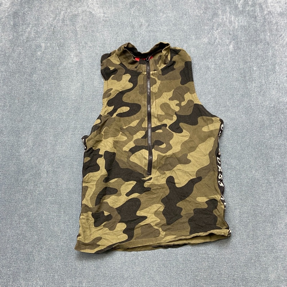 Guess Vest Mens Large Green Camouflage Sleeveless Casual Half Zip Pullover